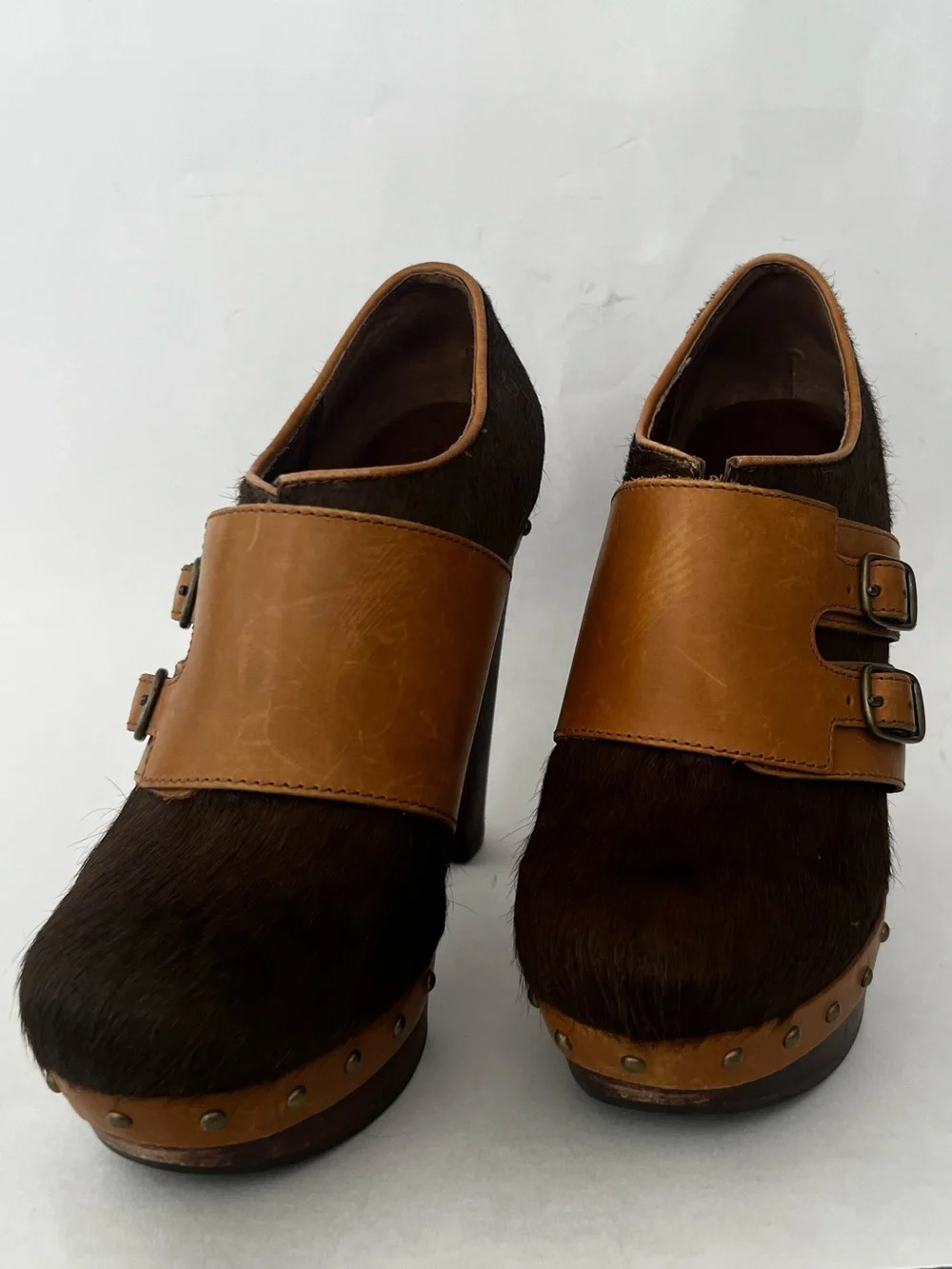 UGG Dark Brown and Tan Buckle Platform Heels
